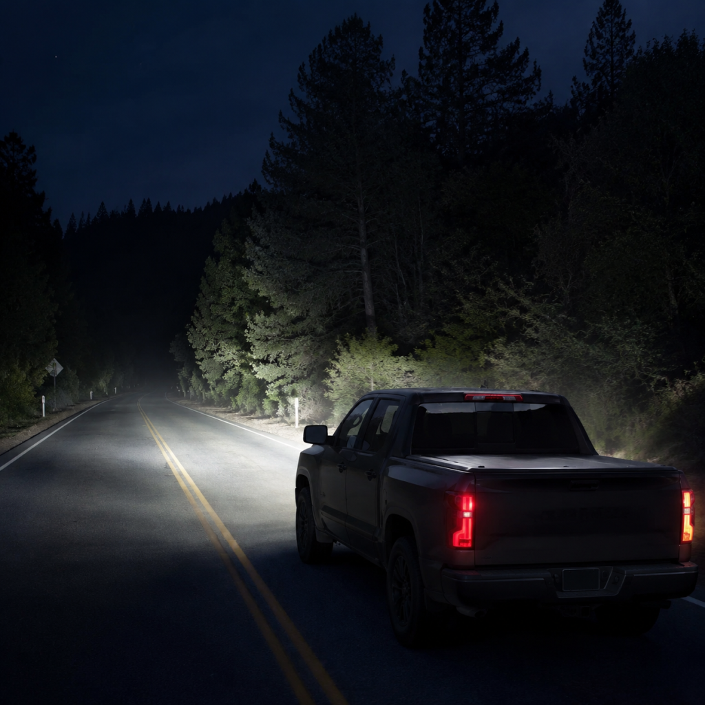 Pickup truck driving on a dark forest road at night with headlights lighting the path