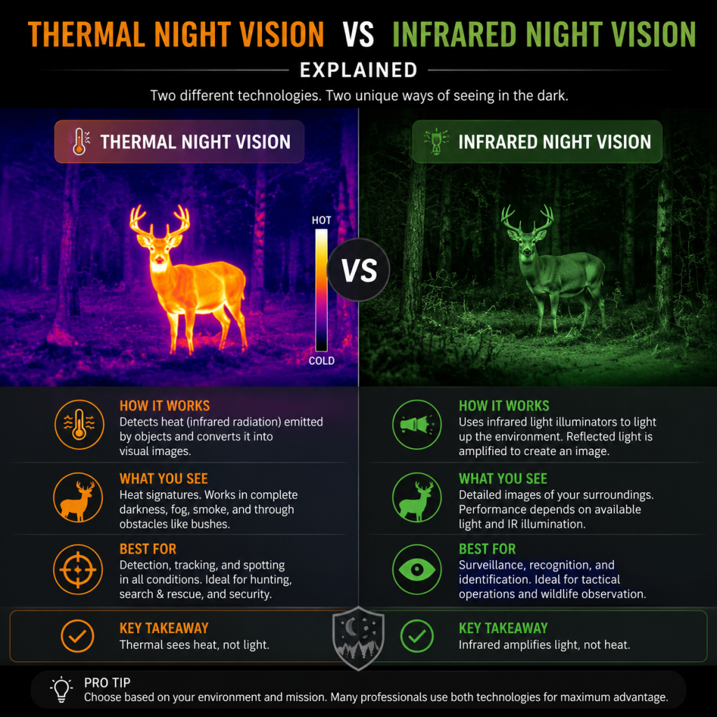 Comparison infographic showing thermal night vision versus infrared night vision technology differences.