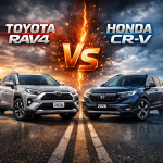 2026 Toyota RAV4 and Honda CR-V comparison graphic with SUVs on a dynamic background