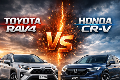 2026 Toyota RAV4 and Honda CR-V comparison graphic with SUVs on a dynamic background