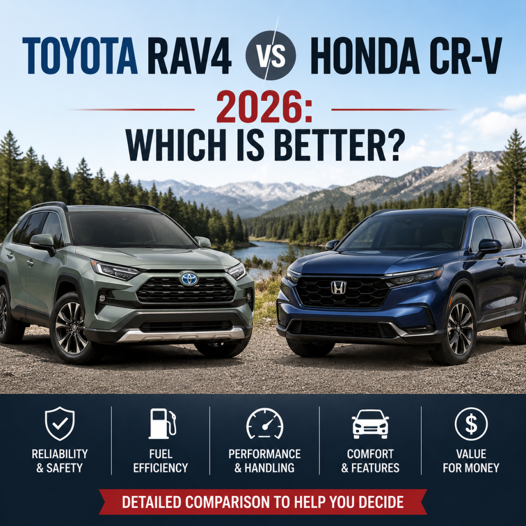 Comparison chart of 2026 Toyota RAV4 and Honda CR-V with reliability, fuel economy, comfort, and value.