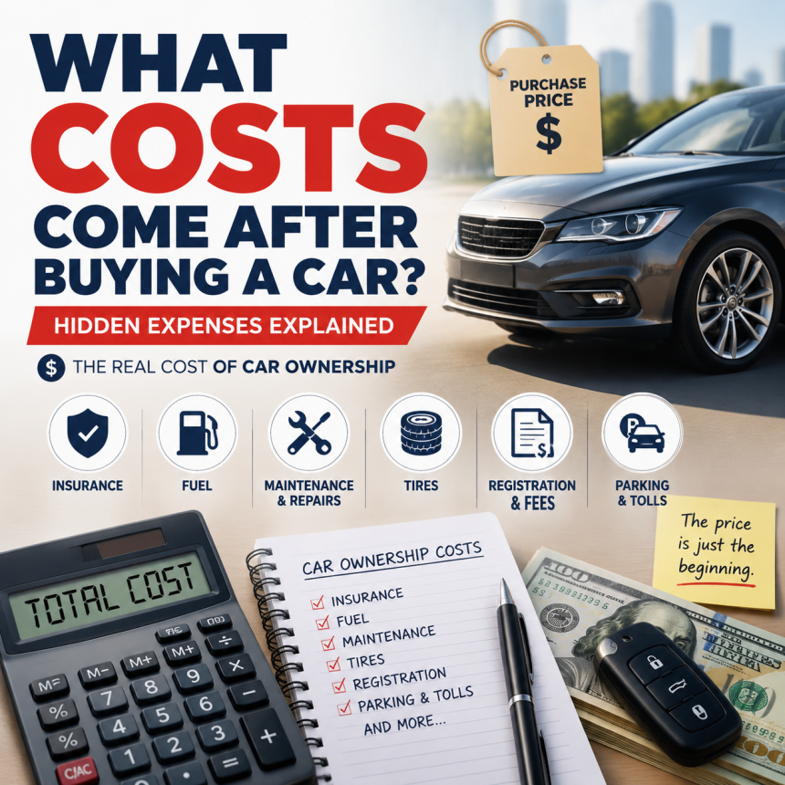 Infographic on hidden car ownership costs after purchase, including insurance, fuel, maintenance, and registration
