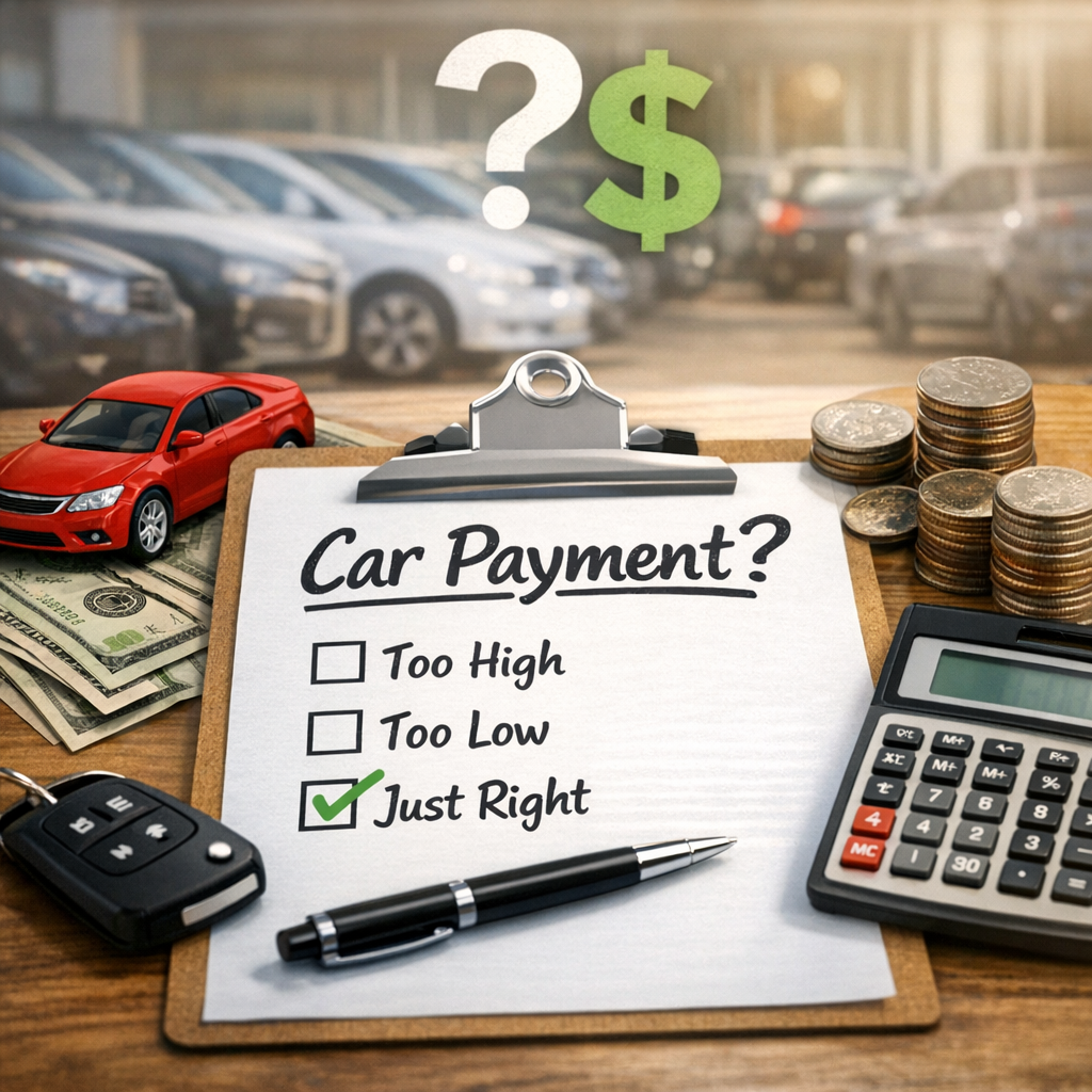 Checklist for car payment options with toy car, cash, and calculator on a wooden table