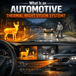Thermal night vision view of a dark road showing pedestrians and animals detected by a vehicle system
