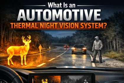 Thermal night vision view of a dark road showing pedestrians and animals detected by a vehicle system