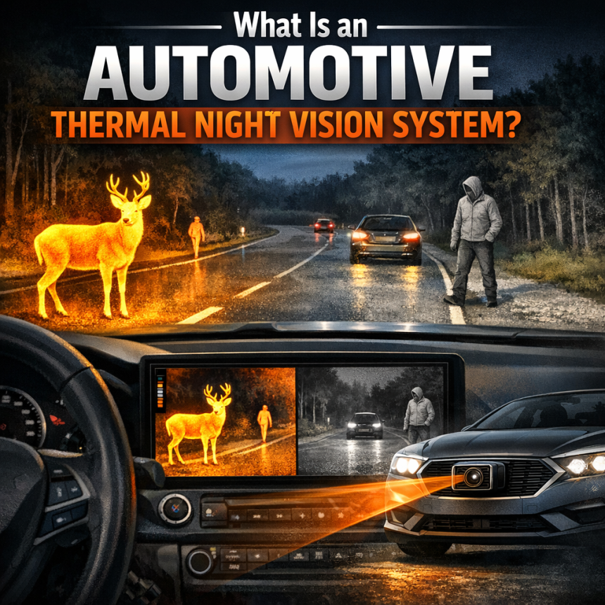 Thermal night vision view of a dark road showing pedestrians and animals detected by a vehicle system