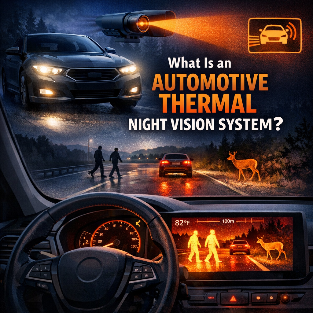 Automotive thermal night vision display detecting pedestrians and animals on a dark road.