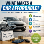 Infographic showing factors that make a car affordable: low price, fuel efficiency, low maintenance, reliability, and insuran