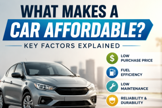 Infographic showing factors that make a car affordable: low price, fuel efficiency, low maintenance, reliability, and insuran