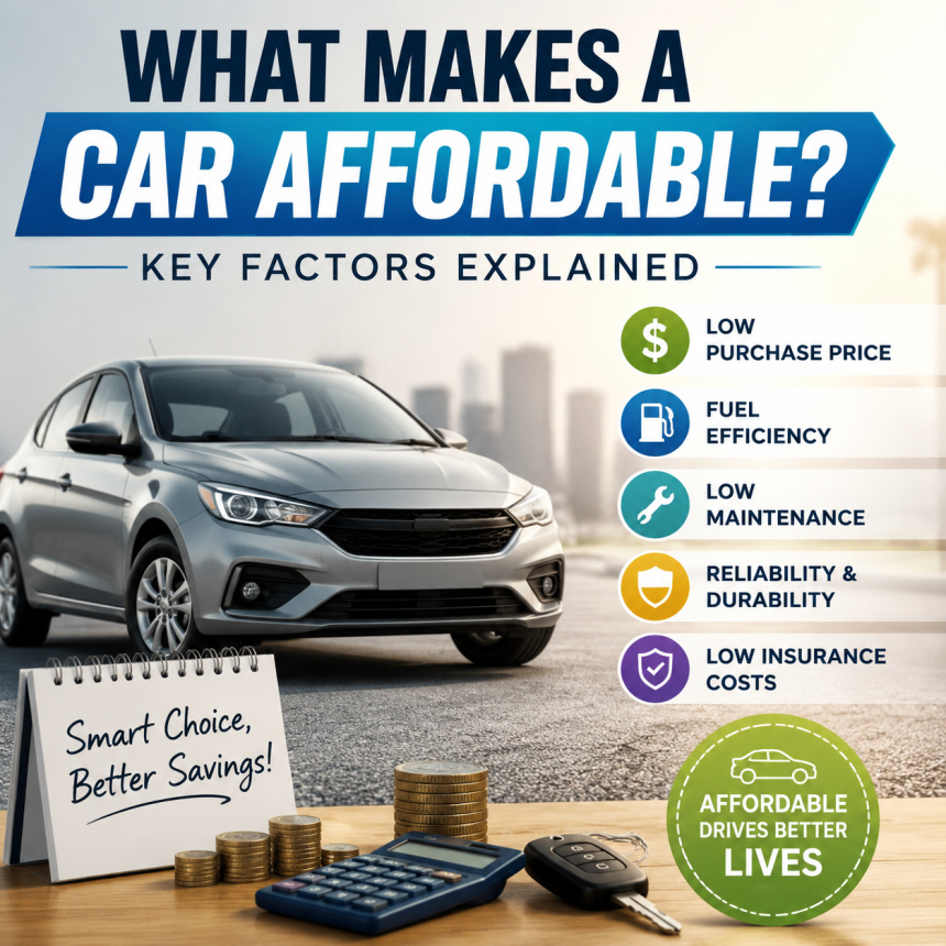 Infographic showing factors that make a car affordable: low price, fuel efficiency, low maintenance, reliability, and insuran