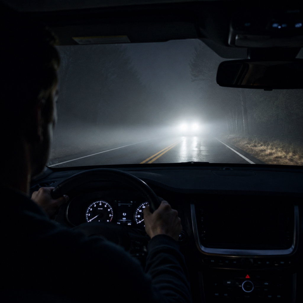 Driver navigating a foggy road at night with oncoming headlights and poor night driving visibility