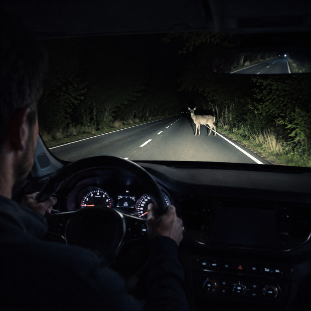 Driver braking as a deer crosses the road at night, illustrating night driving assistance