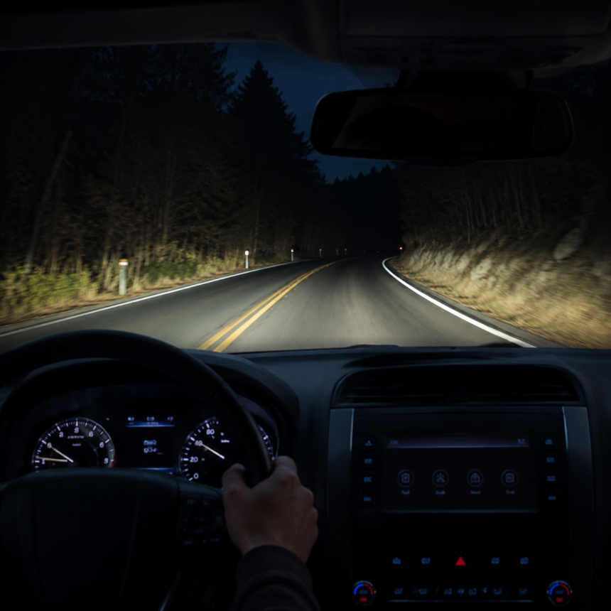 Driver’s view of a car on a dark winding road at night, showing night driving assistance conditions