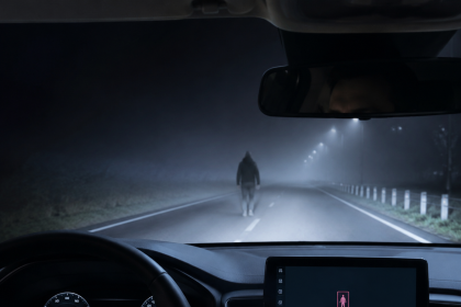 Driver approaching a pedestrian on a foggy night with dashboard pedestrian detection display visible