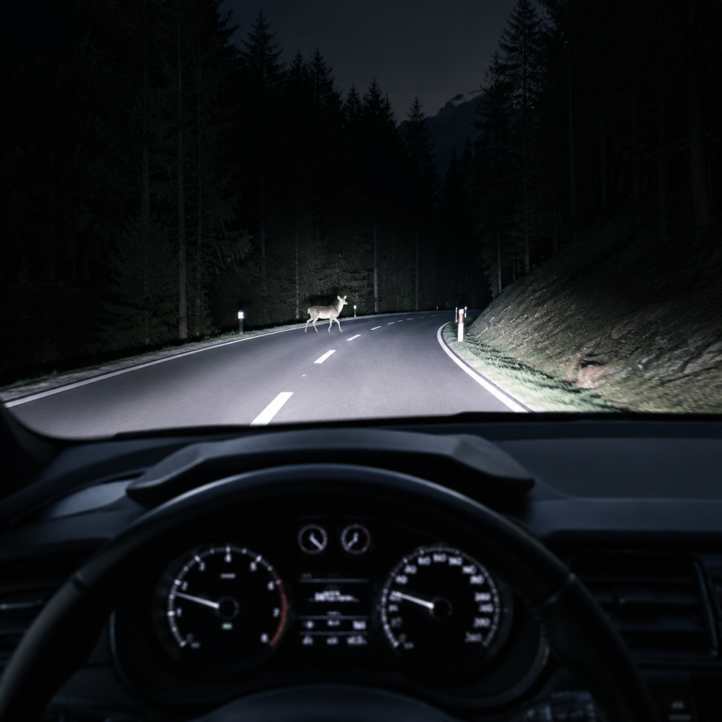Deer crossing a forest road at night, lit by car headlights
