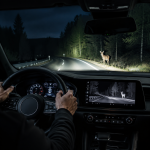 Driver using night vision to spot a deer on a dark forest road