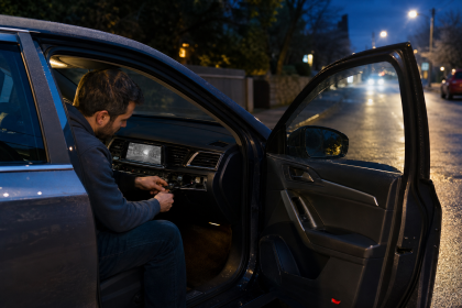 Man installing a night vision system in a car dashboard at night