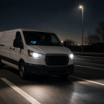White cargo van driving on a highway at night with headlights on
