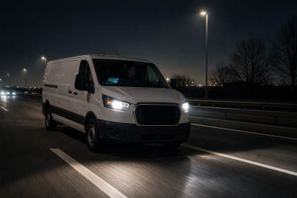 White cargo van driving on a highway at night with headlights on