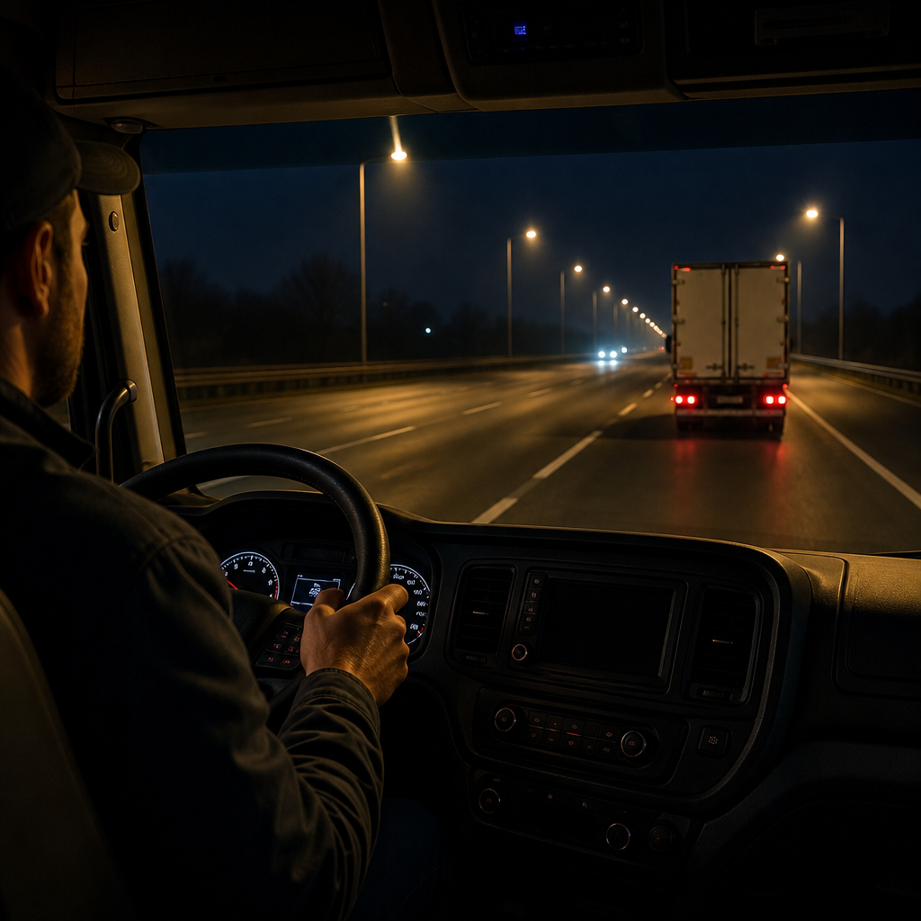 Truck driver navigating a highway at night under illuminated streetlights