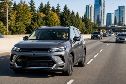Gray modern SUV driving on a city highway with skyscrapers in the background