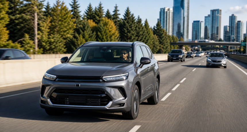 Gray modern SUV driving on a city highway with skyscrapers in the background