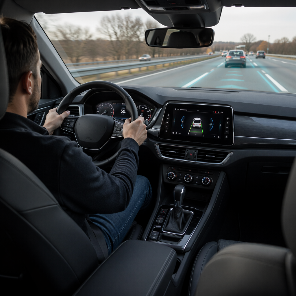 Driver using advanced driver-assistance system on a modern car highway