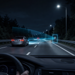 Autonomous car detecting a cyclist on a dark road with thermal imaging sensors