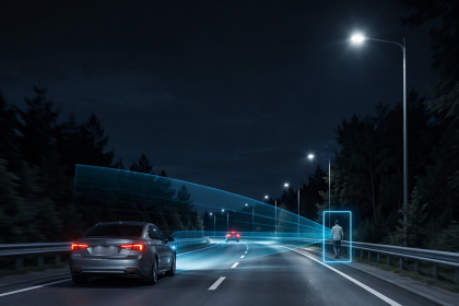 Autonomous car detecting a cyclist on a dark road with thermal imaging sensors