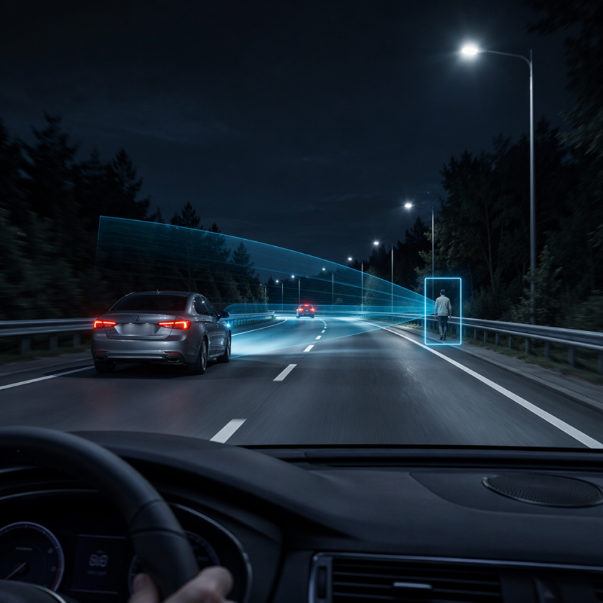 Autonomous car detecting a cyclist on a dark road with thermal imaging sensors