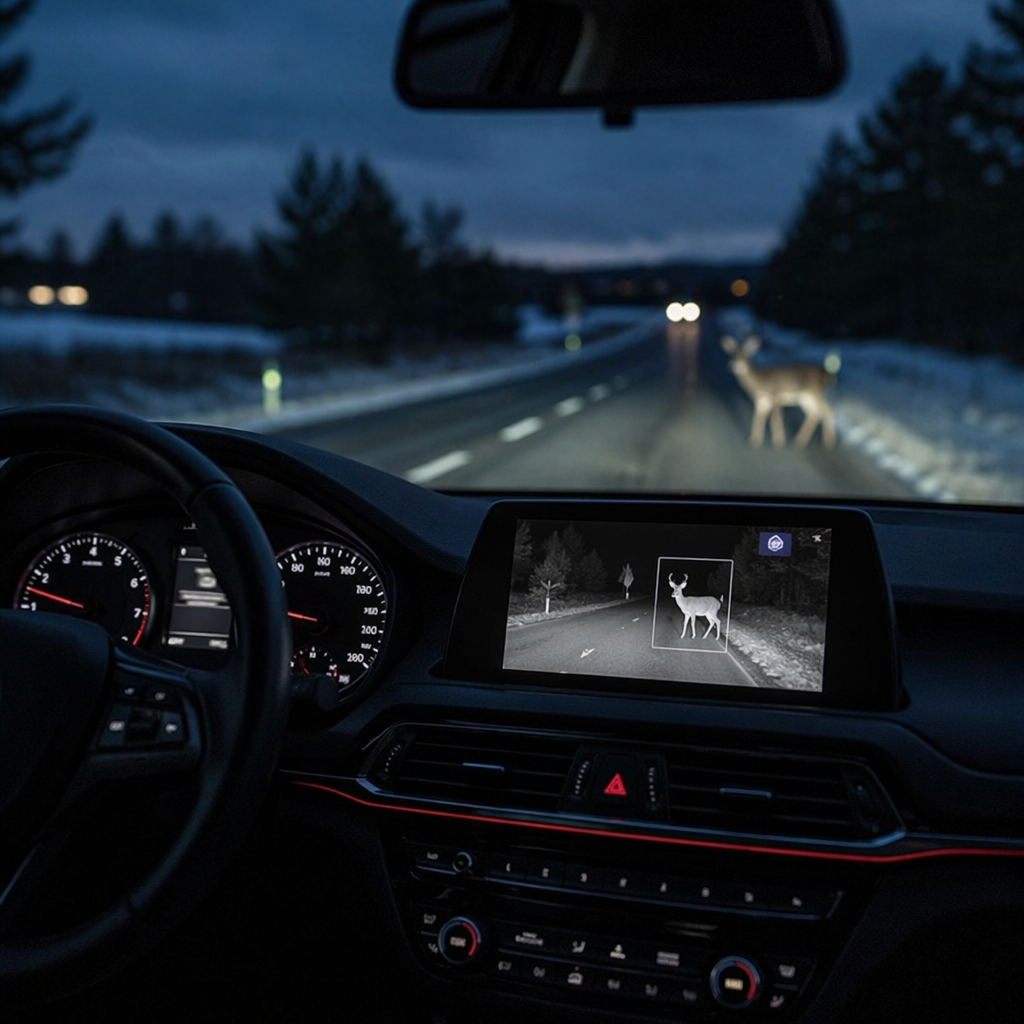 Car dashboard night vision display detecting a deer on a dark road