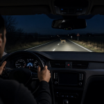 Driver seeing a deer crossing the road at night in car headlights