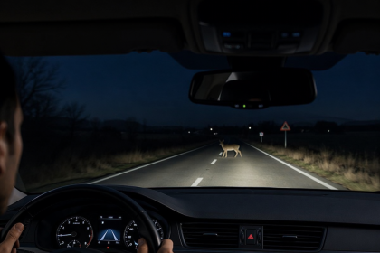 Driver seeing a deer crossing the road at night in car headlights