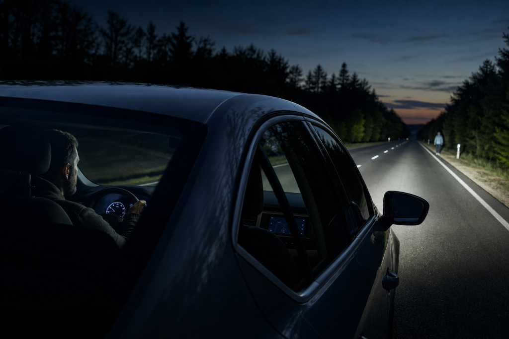Car driving on a dark forest road at dusk with headlights lighting the path