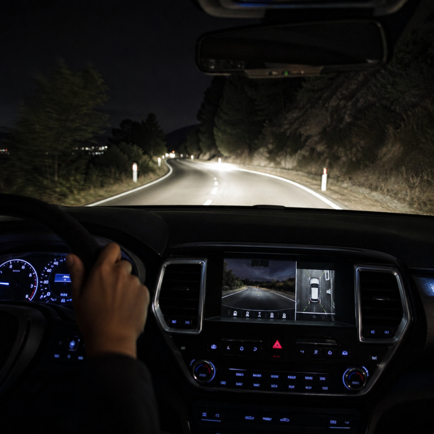 Night driving view from inside an SUV with illuminated dashboard and road ahead
