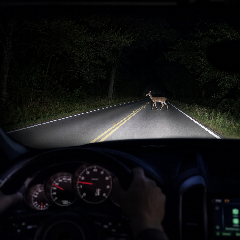 Driver's view of a deer crossing a dark rural road at night in car headlights