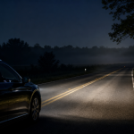 Car headlights illuminating a dark rural road at night to help detect animals at night