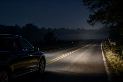 Car headlights illuminating a dark rural road at night to help detect animals at night