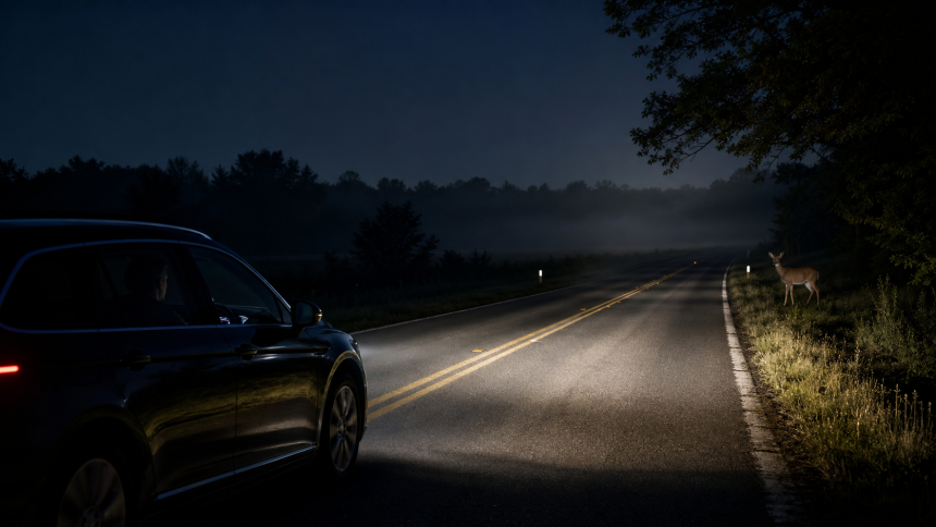 Car headlights illuminating a dark rural road at night to help detect animals at night