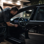 Man inspecting the dashboard of a black luxury car at night during car night vision installation