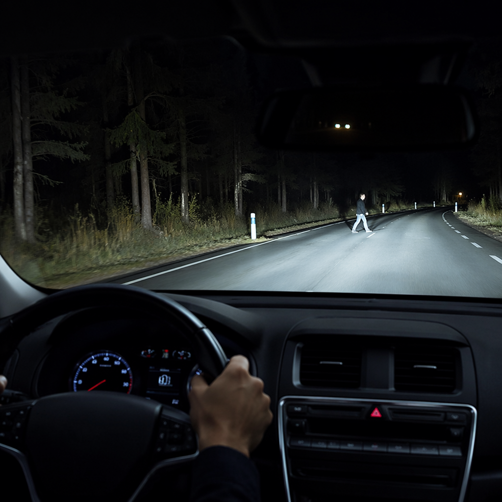 Driver’s view of a car on a dark road with a pedestrian crossing at night