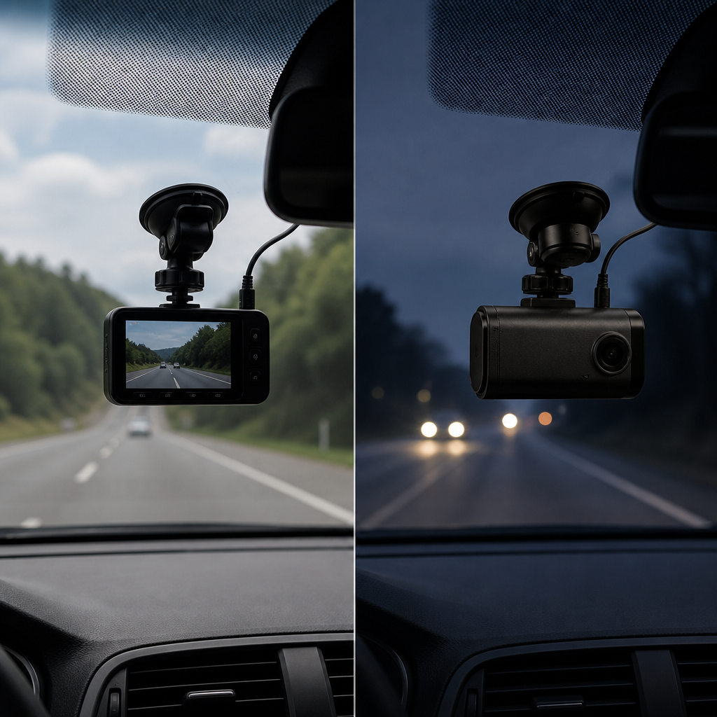 Dashboard camera recording road conditions during daytime and nighttime driving