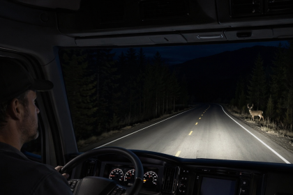 Truck night vision system helping a driver spot deer crossing a dark forest road at night