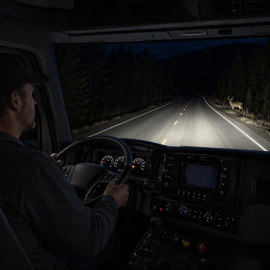Truck night vision system helping a driver spot deer crossing a dark forest road at night