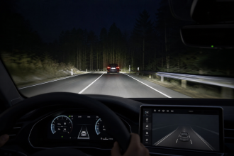 Night driving assistance system active on a forest road viewed from inside a car
