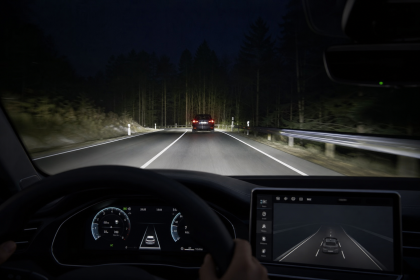 Night driving assistance system active on a forest road viewed from inside a car
