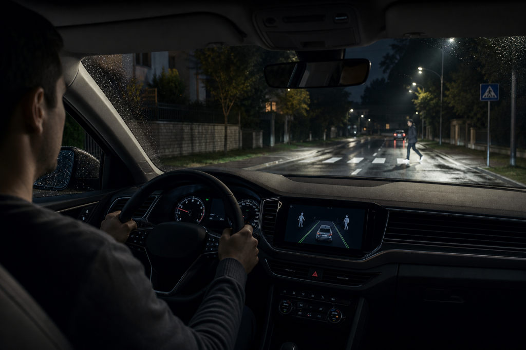Man driving at night on a wet road with illuminated streetlights and night driving assistance systems