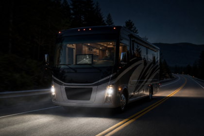 Luxury motorhome driving on a scenic road at night with an RV night vision system