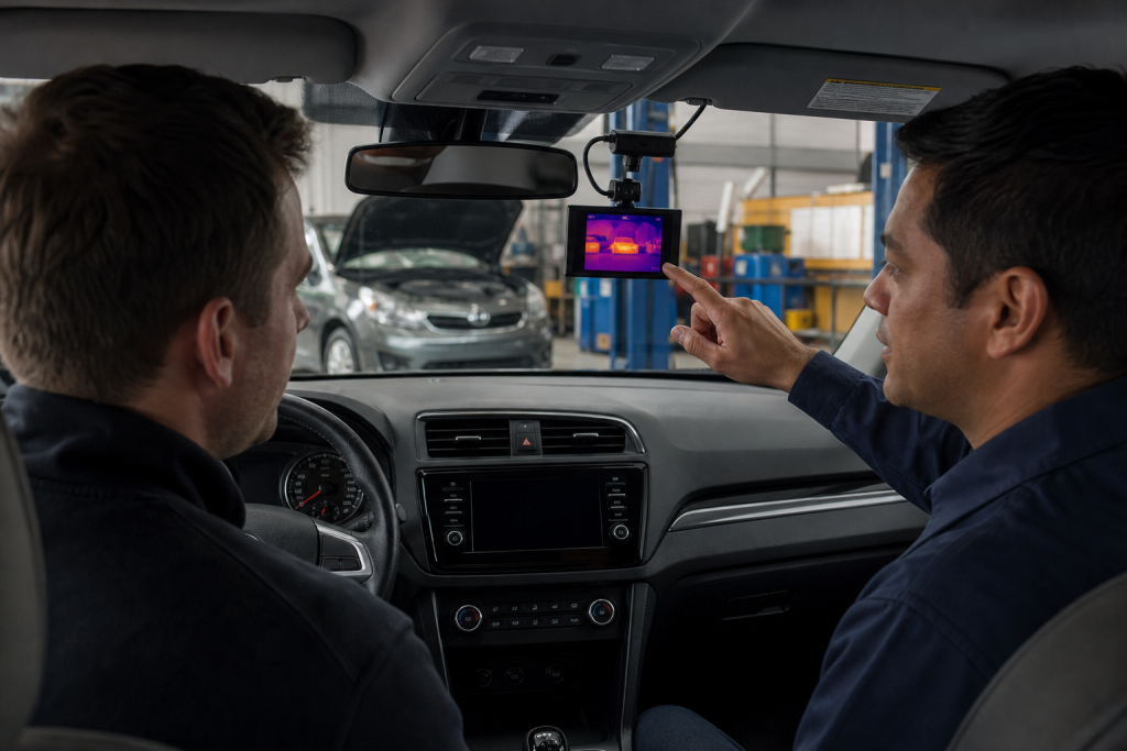 Aftermarket thermal camera and display installed in a car dashboard