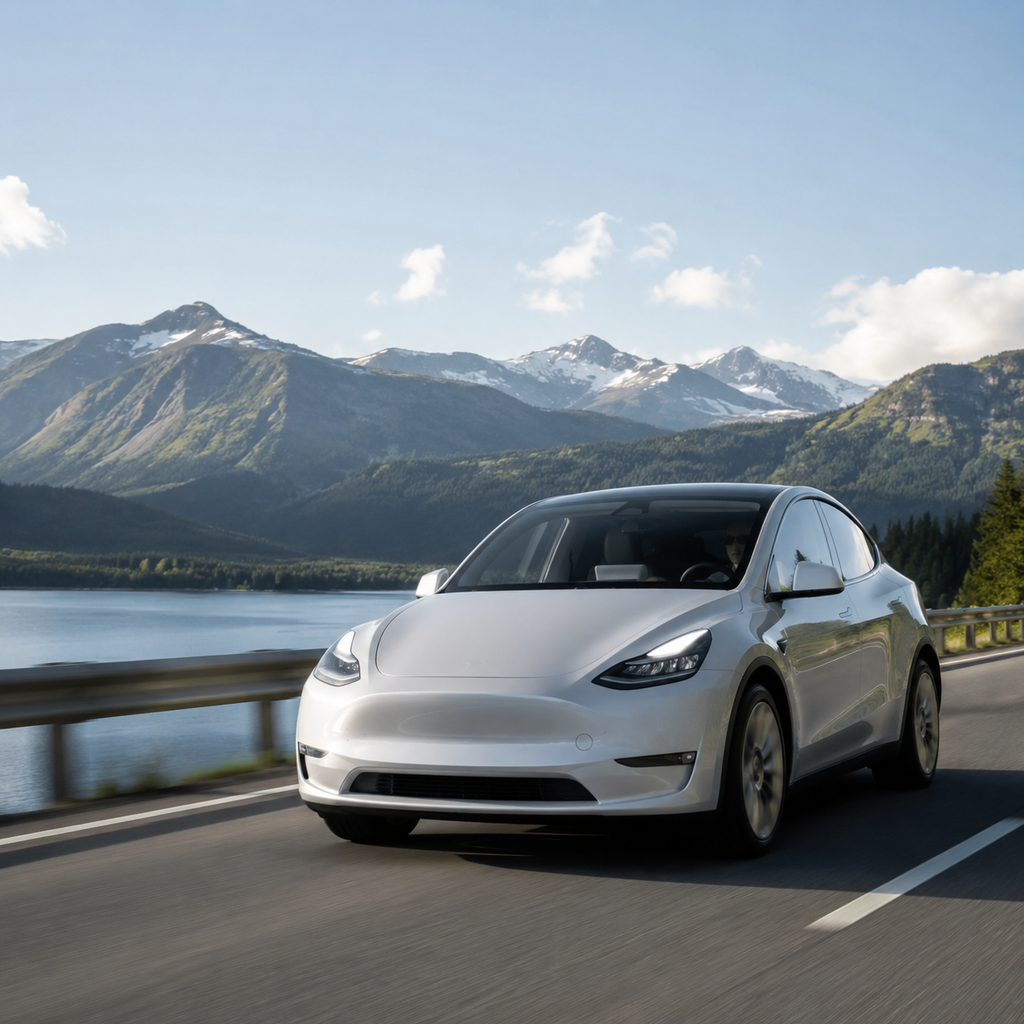 Electric car charging at a highway station during long-distance driving